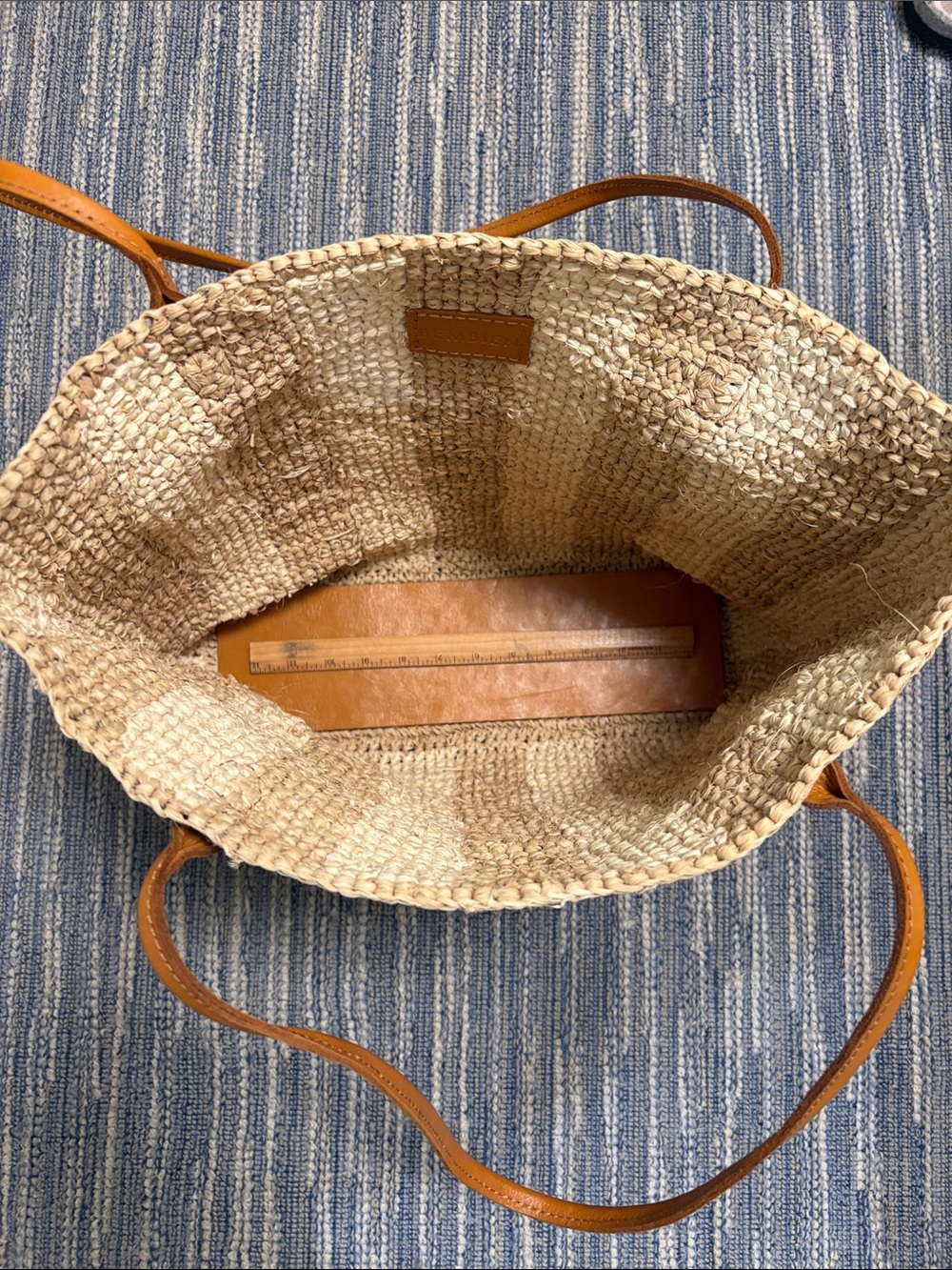 Bembien Woven Straw Tote Bag with Tan Handles - Natural Stripe - Picture 4 of 5